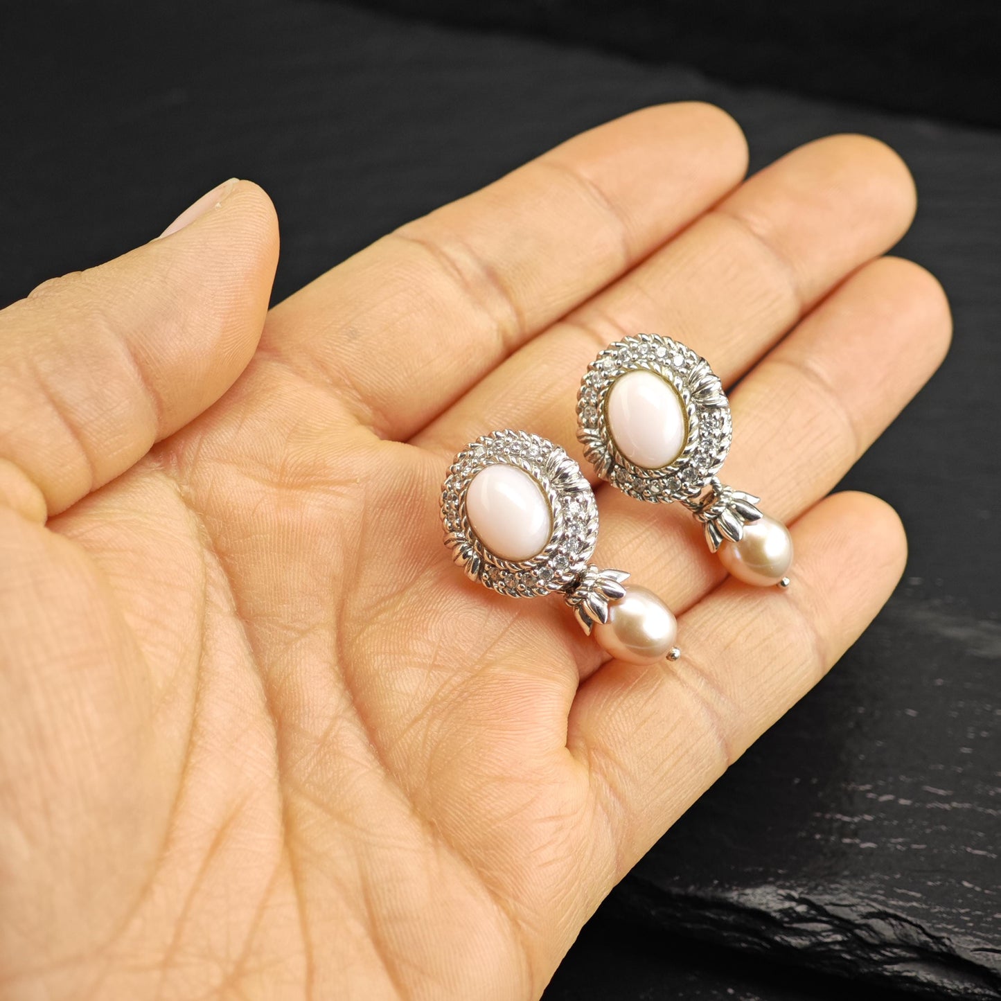Vintage Judith Ripka Pink Cabochon, Pearl, CZ Omega Back Sterling Silver Earrings ER3195