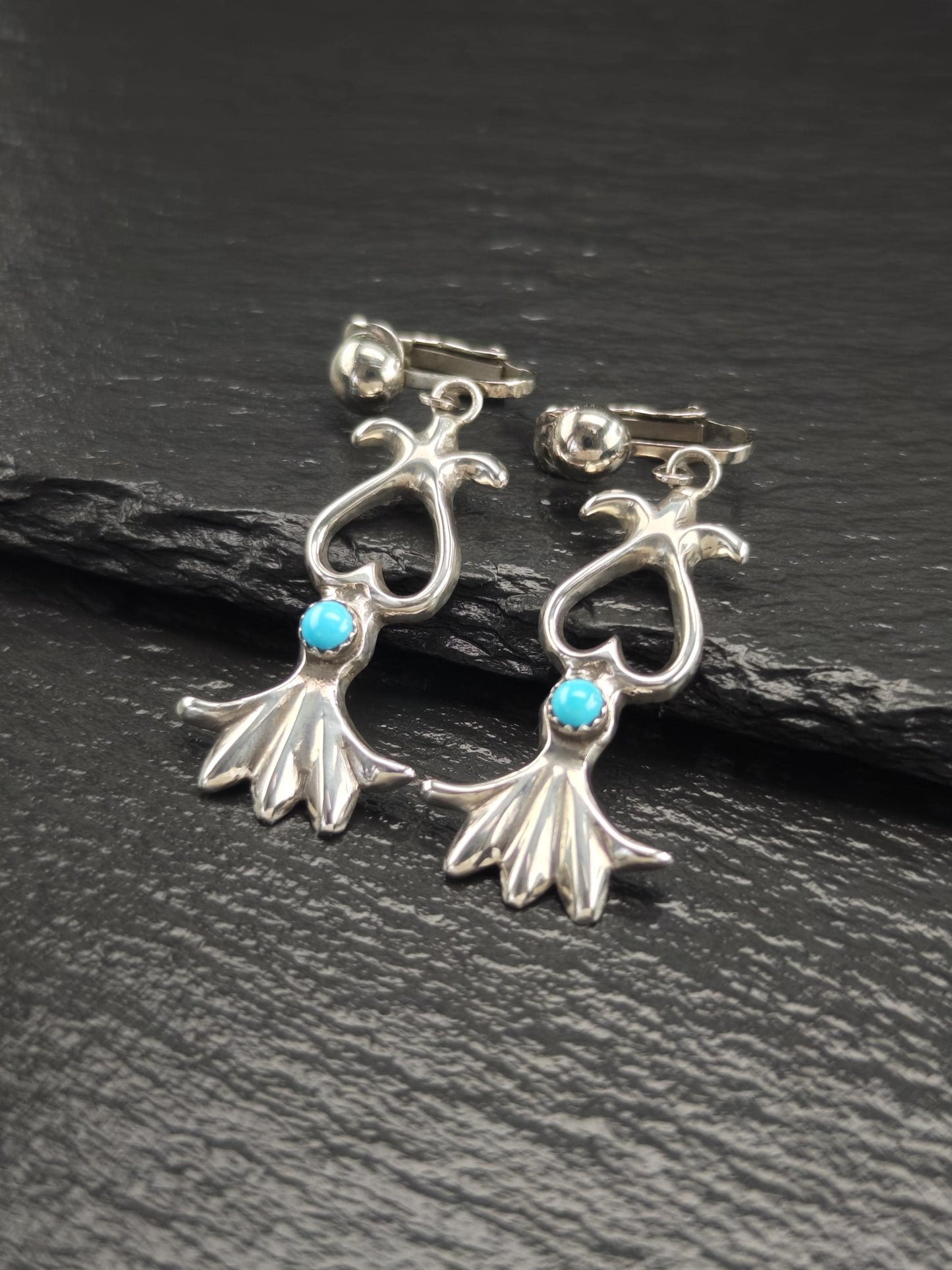 Southwest Blue Block Turquoise Sandcast Clip On/Dangle Earrings Sterling Silver