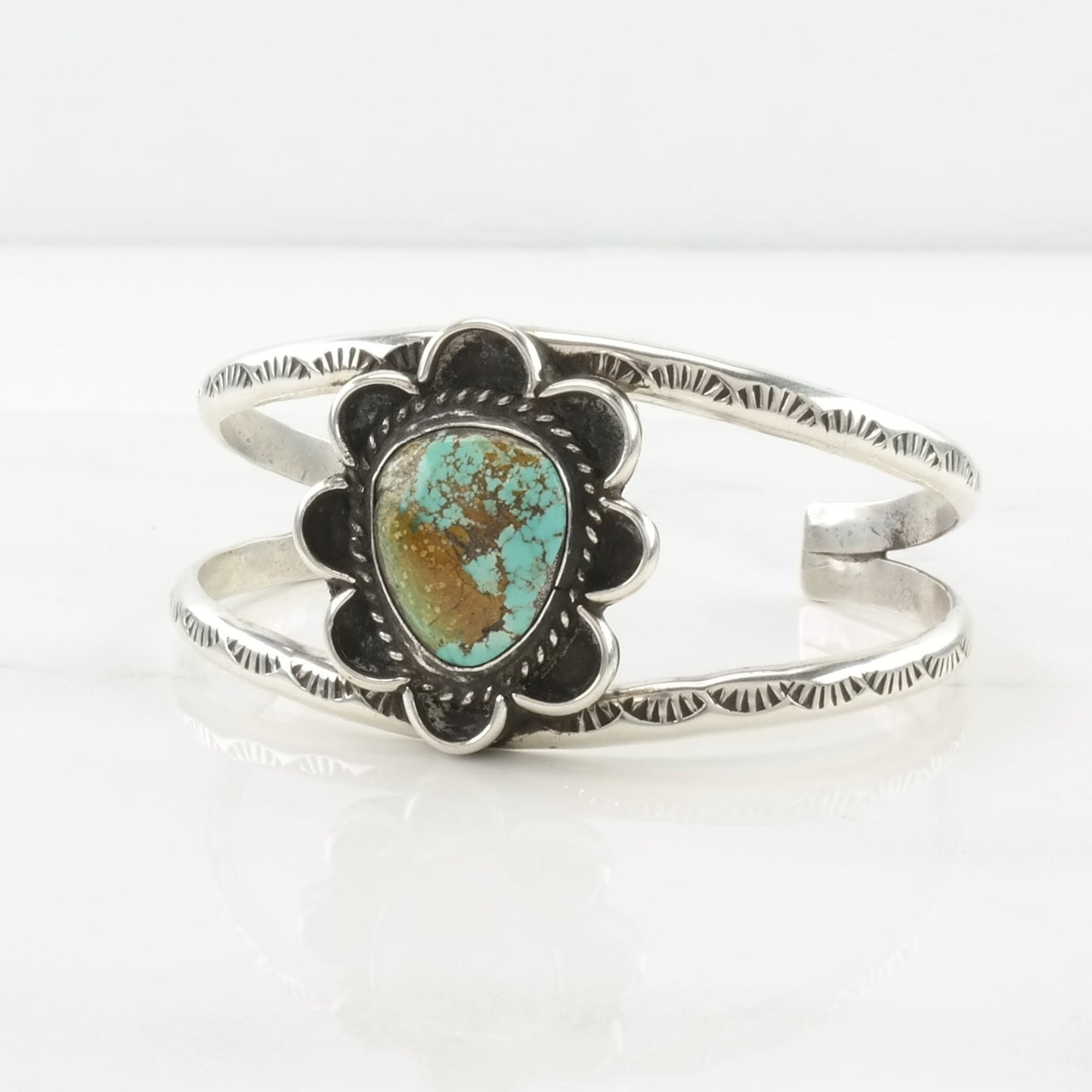 Southwest Sterling Silver Cuff Bracelet Blue Turquoise Floral