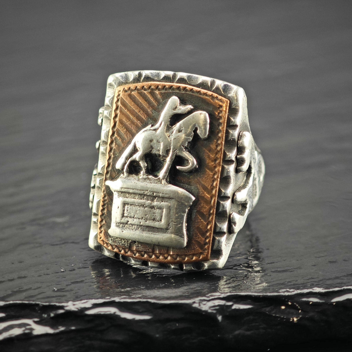 México Biker Ring Horse & Warrior Statue Sterling Silver Ring Sz 8 1/4 R6812