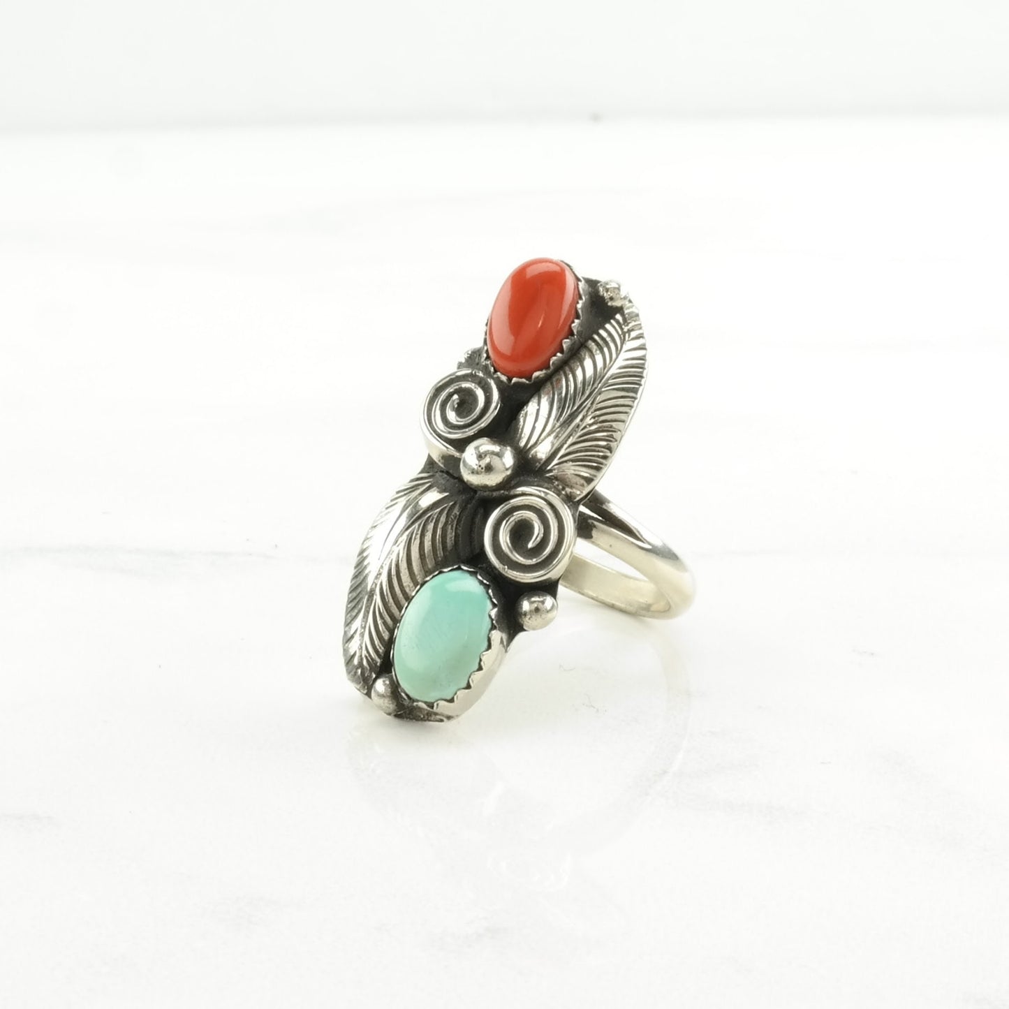 Native American Silver Ring Turquoise, Coral Leaf Sterling Green, Red Size 5 3/4