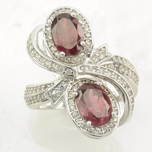 Vintage Sterling Silver Ring, Garnet White Zircons Ribbon Pink Size 5