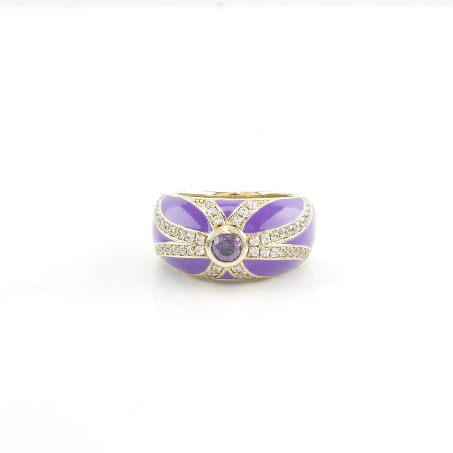 Sterling Silver Ring CZ, Enamel Striped Purple Size 6