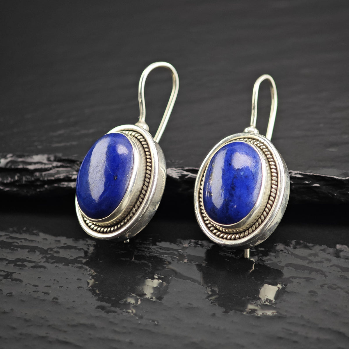 Vintage Lapis Oval Sterling Silver Dangle Earrings ER3215