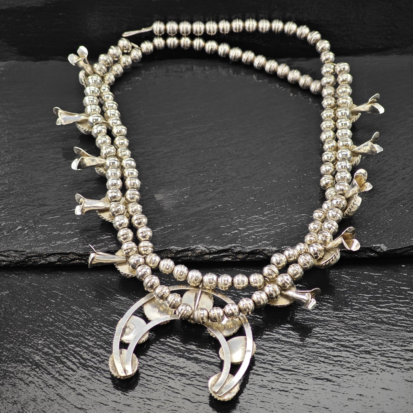 Sw Sterling Silver Blue Turquoise Squash Blossom Necklace 25"