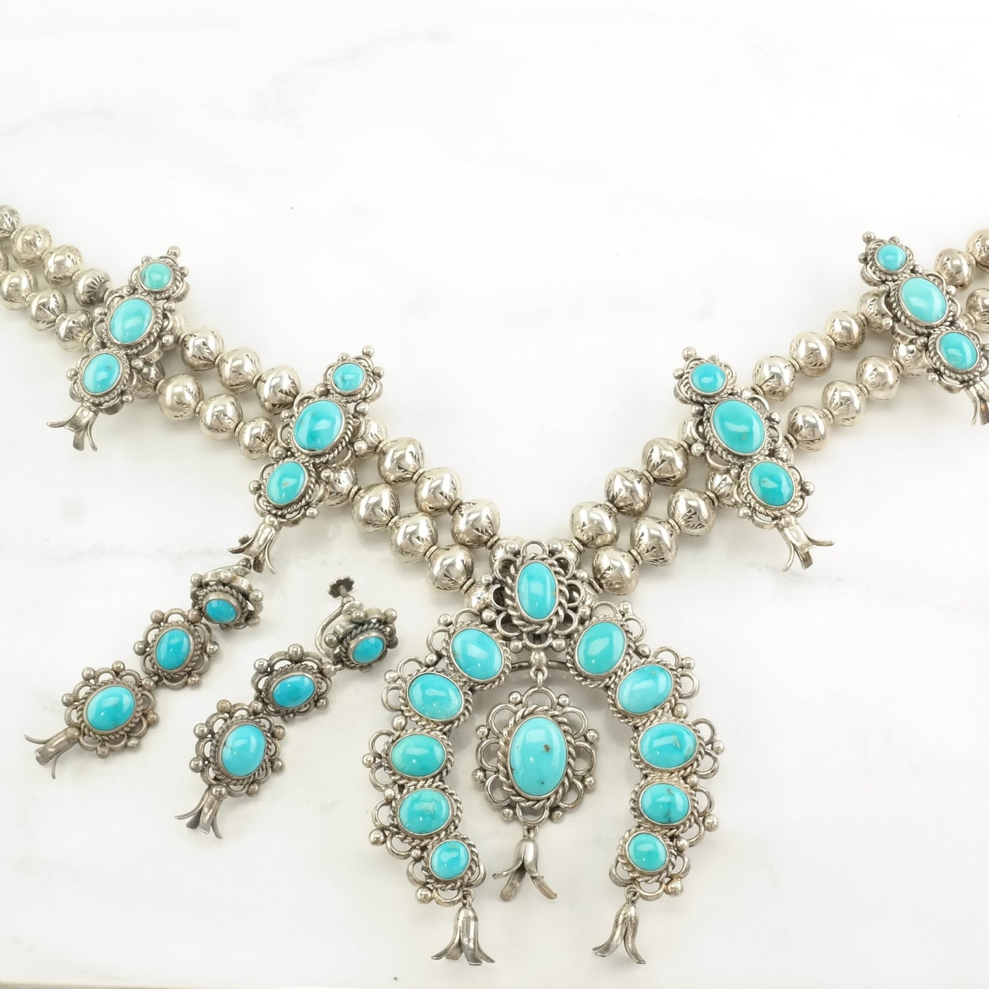 Vintage Southwest Sterling Silver Blue Turquoise Floral Squash Blossom Necklace Earrings Set