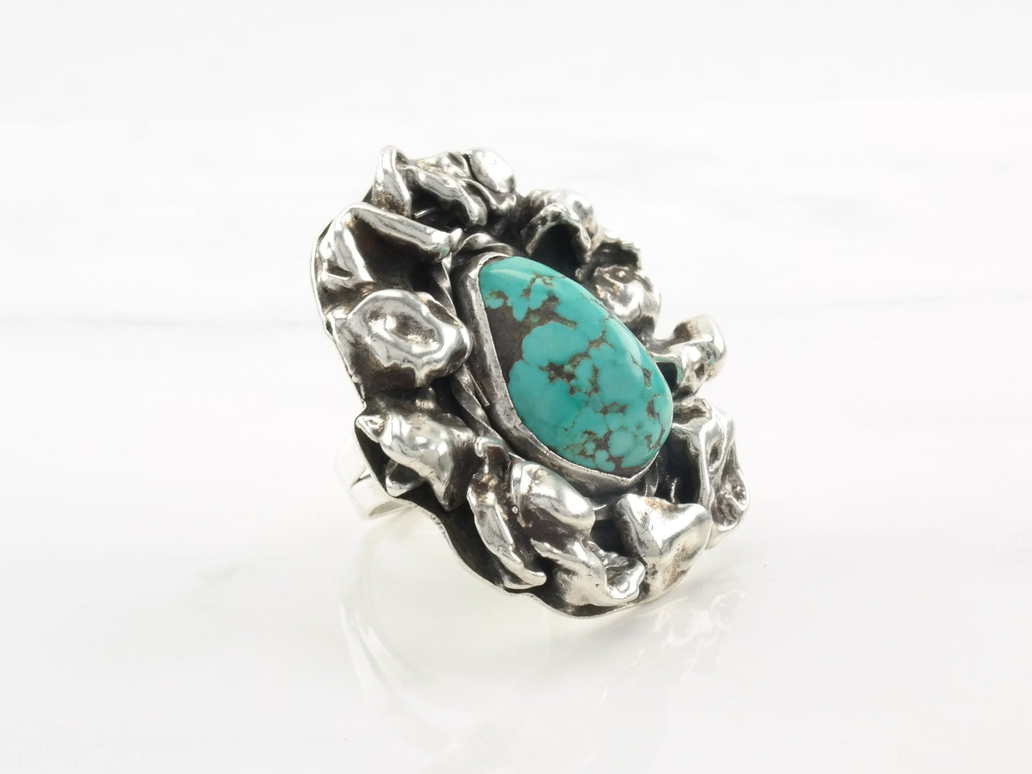 Vintage Southwest Silver Ring Turquoise Brutalist Style Sterling Size 8 1/2