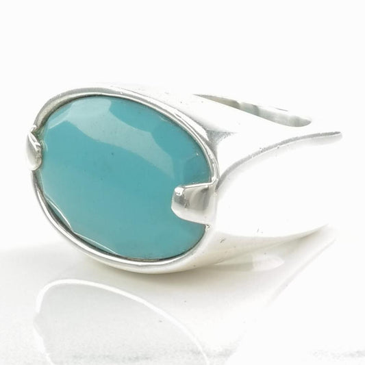 Vintage Heavy, Designer Silver Ring Created Turquoise Square Band Sterling Blue Size 7 1/2