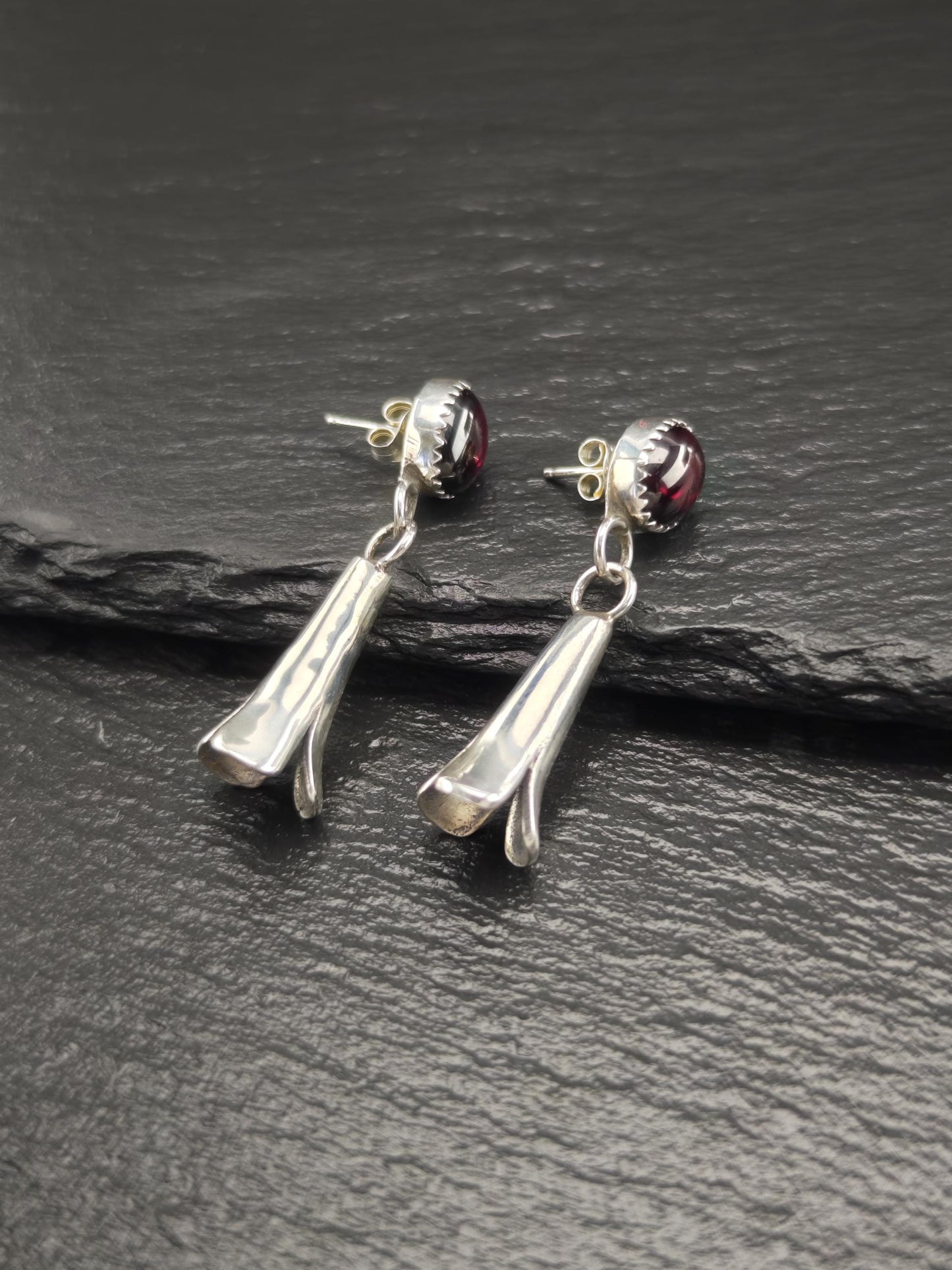 Southwest Red Dark Pyrope Garnet Squash Blossom Stud/Dangle Earrings Sterling Silver