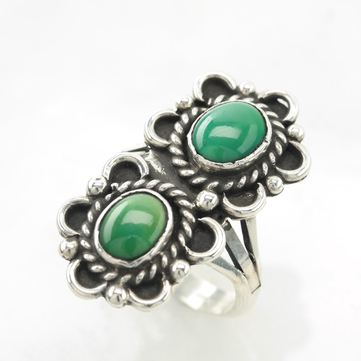 Vintage Rescued Silver Ring Turquoise Sterling Green Two Stone