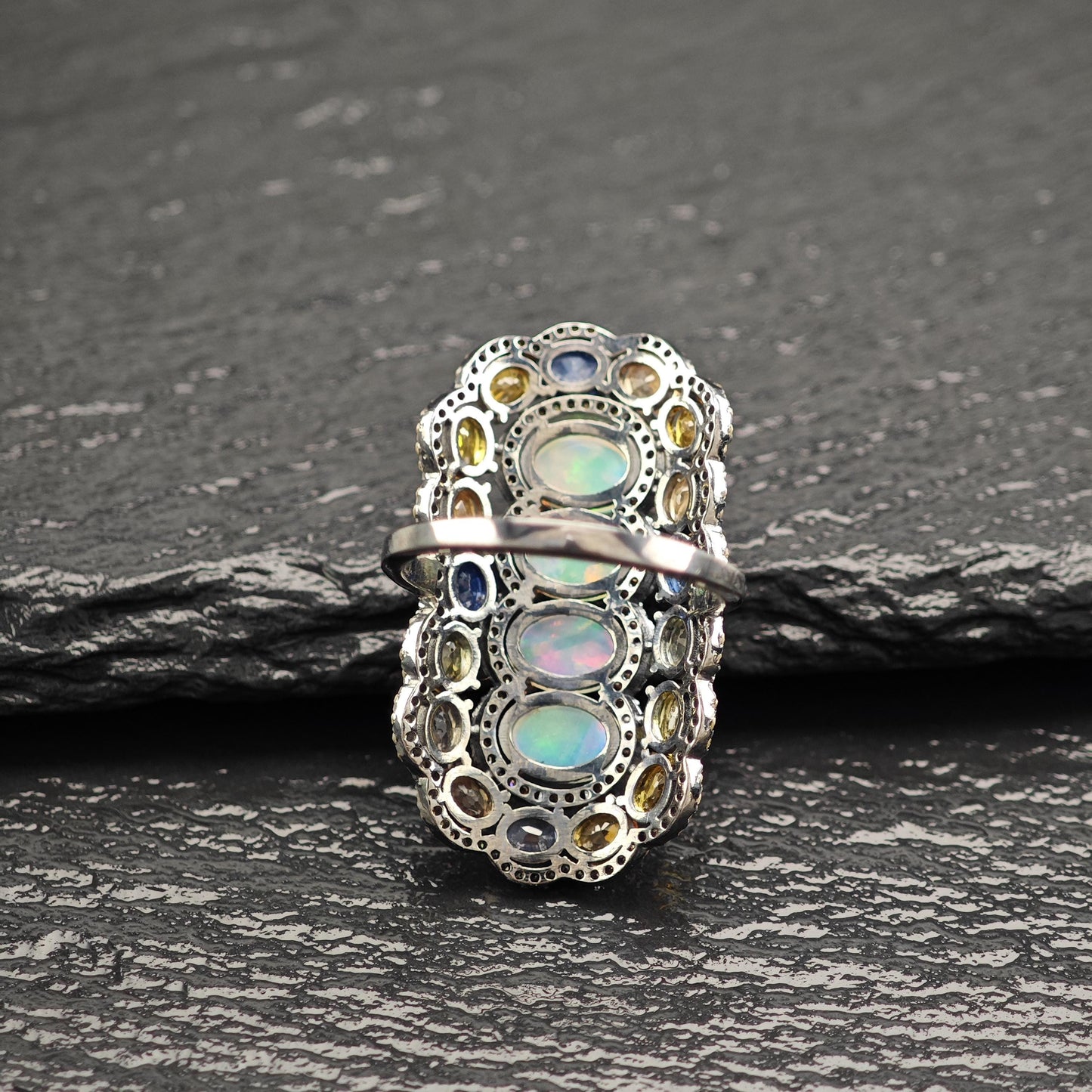 Oxidized Diamond, Opal, Sapphire Sterling Silver Ring R5799