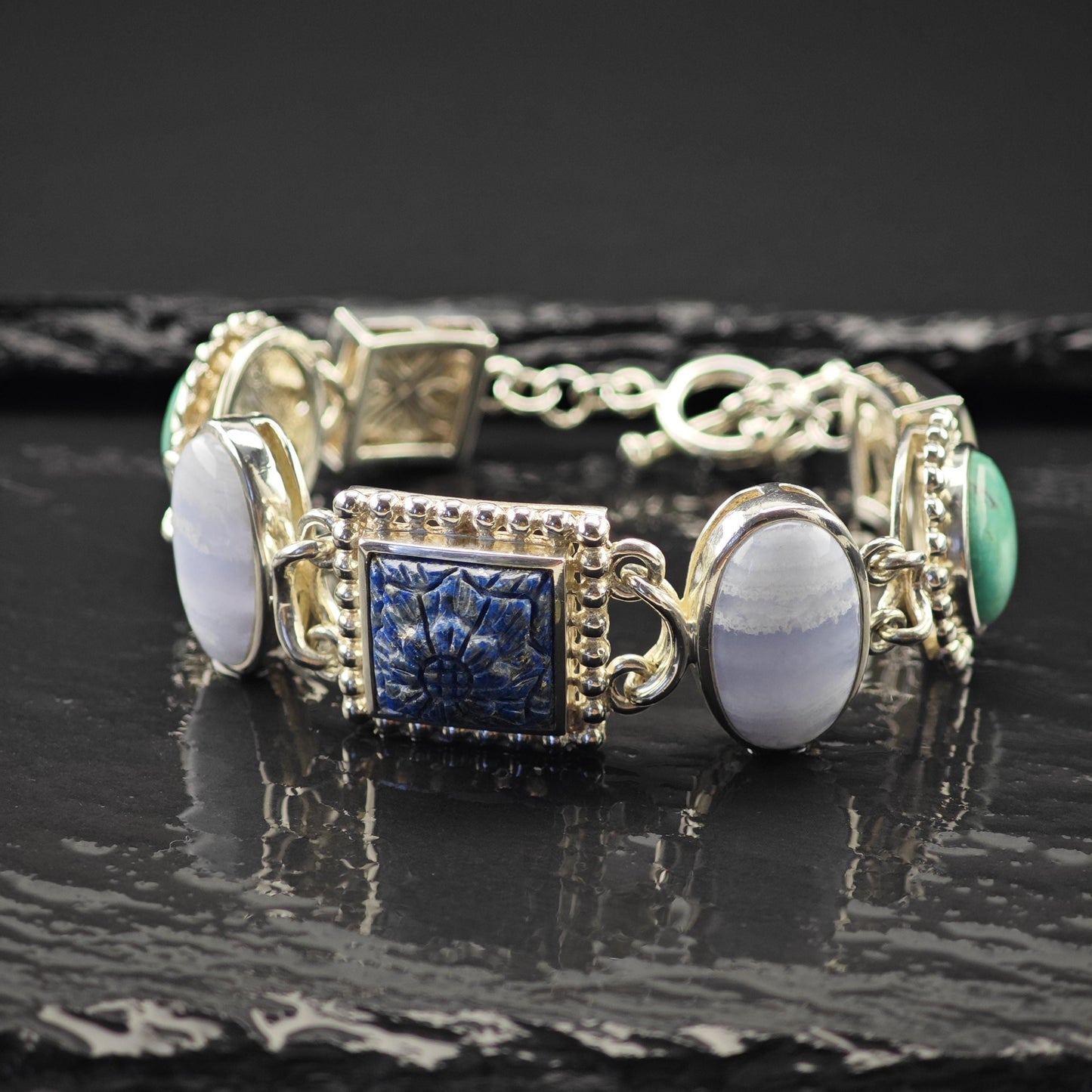 Whitney Kelly Carved Lapis Bracelet, Sterling Silver (Adjustable Size 7" and 7 1/2")