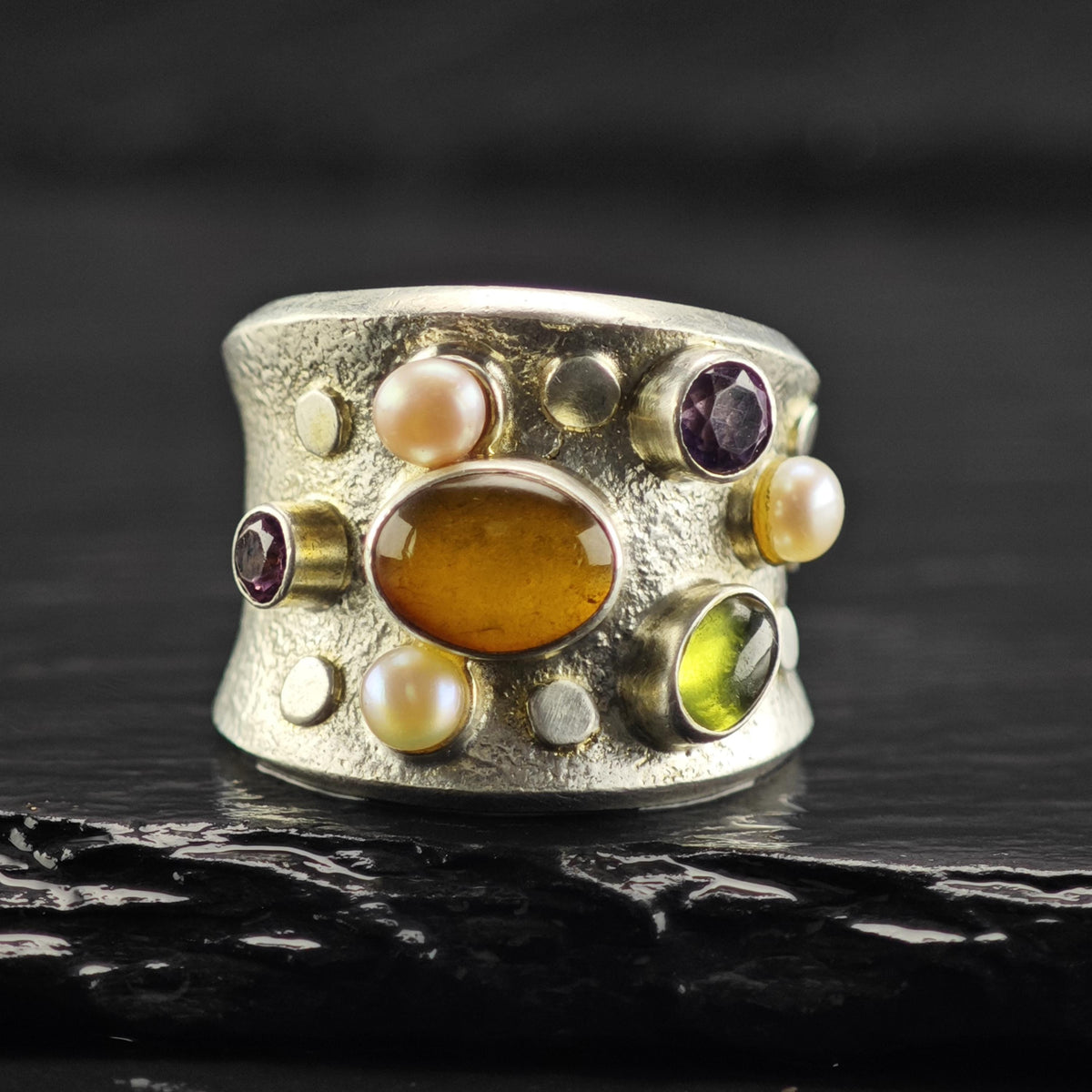 Multistone Abstract Band Sterling Silver Ring Sz 8 R6879