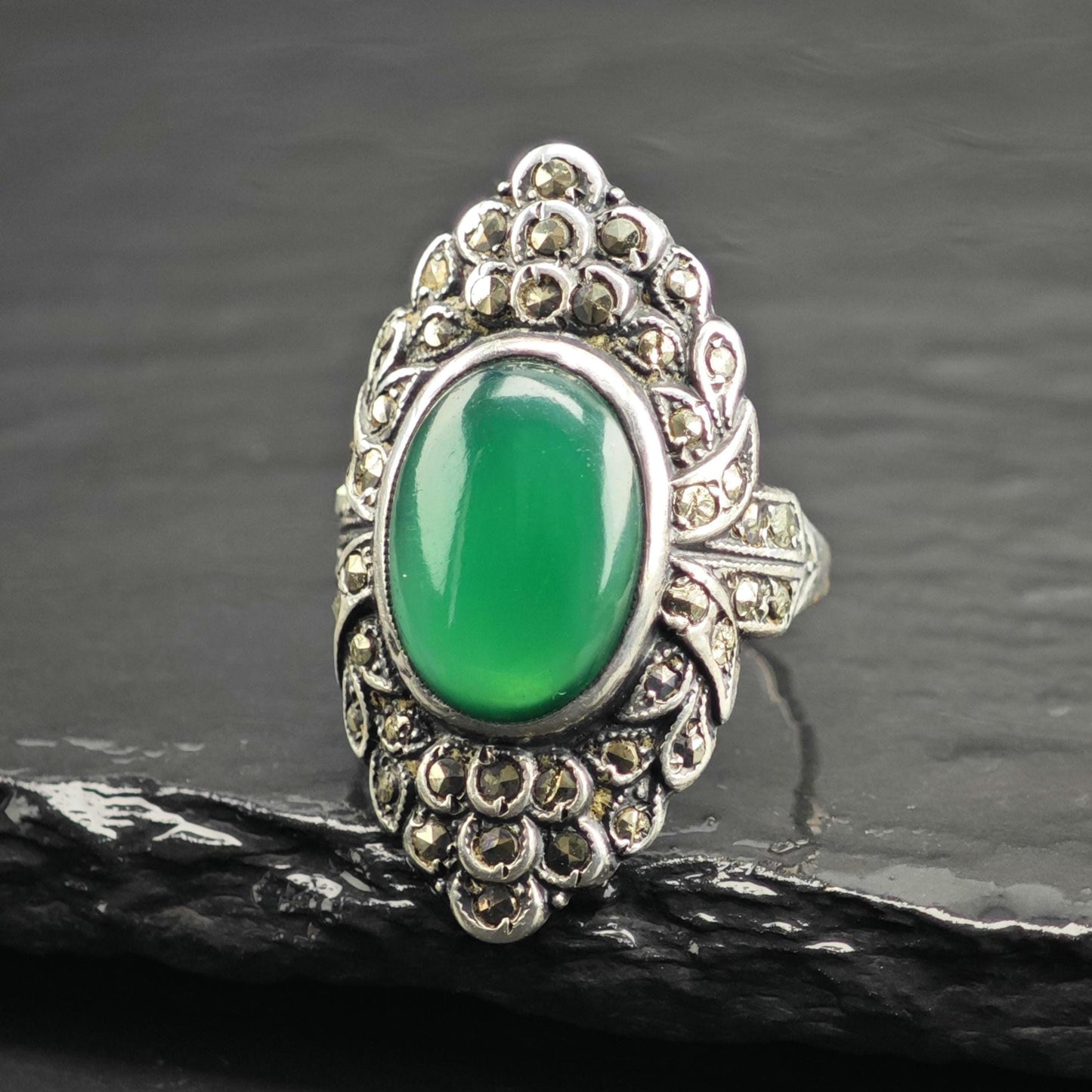 Art Deco Chrysoprase Sterling Silver Ring Sz 6 3/4 R6708