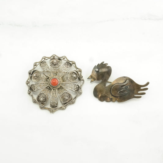 Choice: Sterling Silver Brooch Duck, Filigree Red Coral