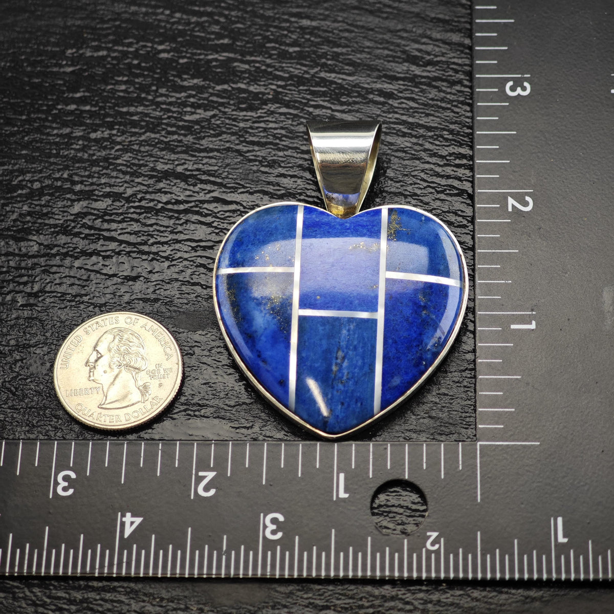 Large DTR Lapis, MOP Inlay Heart Sterling Silver Pendant P3089