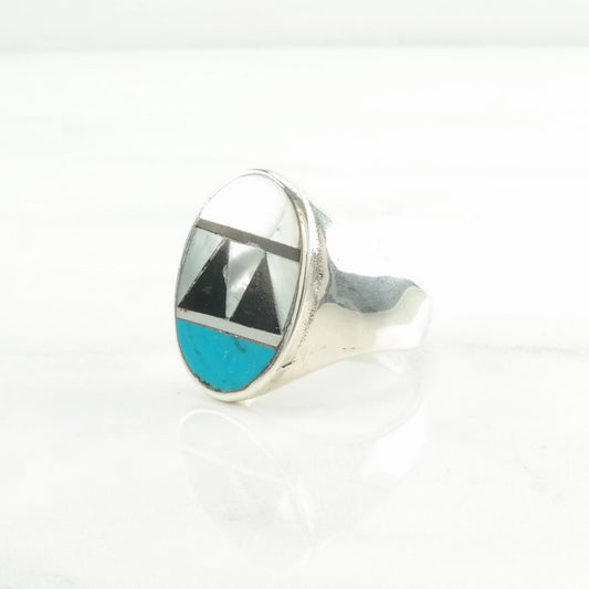 Native American Silver Ring Turquoise, Onyx, MOP Inlay Sterling Blue, Black, White Size 12