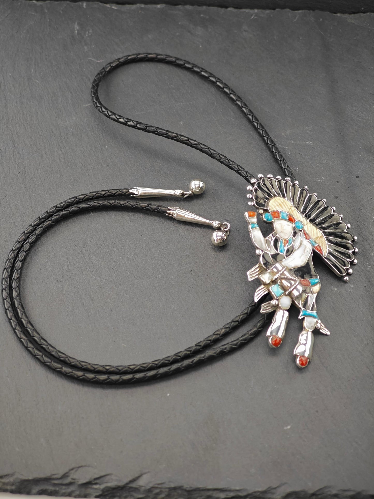 Sw Sterling Silver Inlay Drum Dancer, Kachina Bolo Tie Necklace N2429