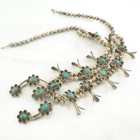 Vintage Native American Sterling Silver Blue Blue Gem, Turquoise Floral Squash Blossom Necklace