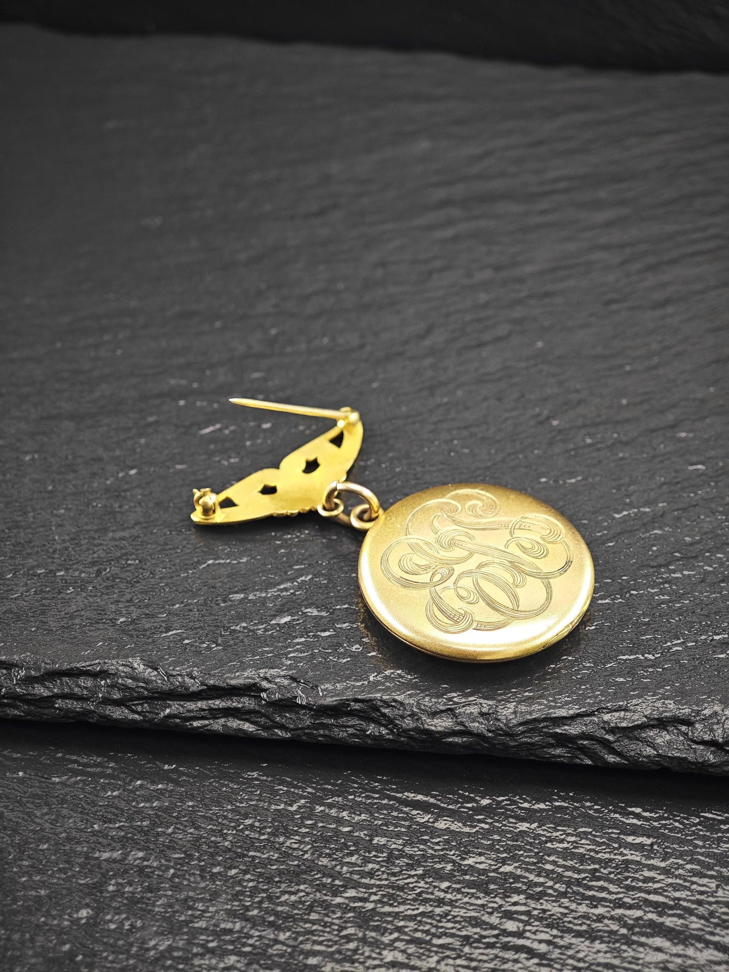 Art Nouveau Monogram Locket, Gold Diamond Brooch