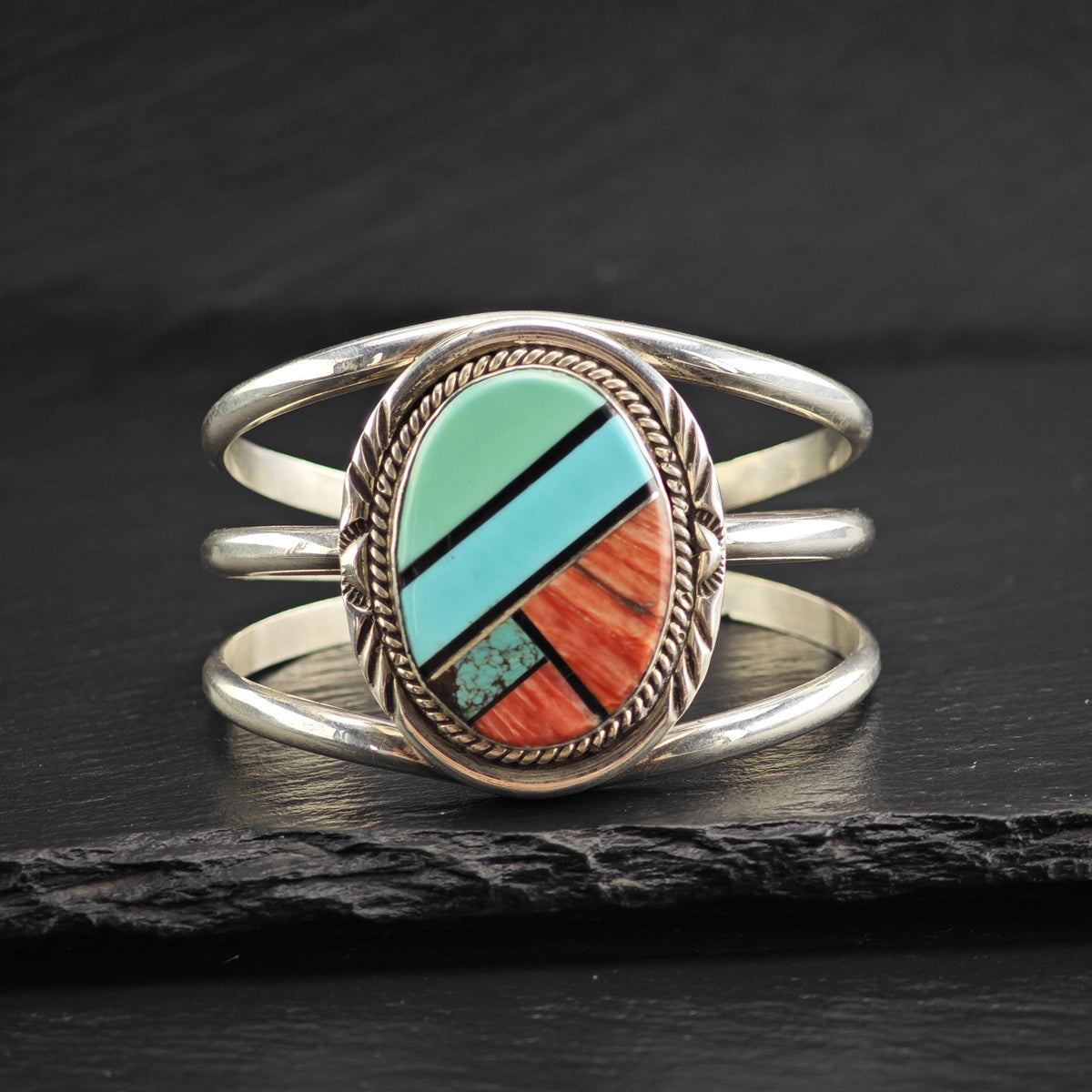 AS IS Turquoise & Spiny Oyster Inlay Sterling Silver Cuff Sz 5 3/4" BR3139