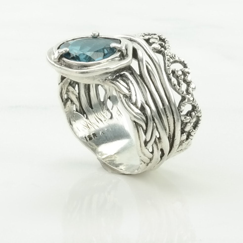 Israel Silver Ring Topaz Braided Sterling Blue Size 7 1/2