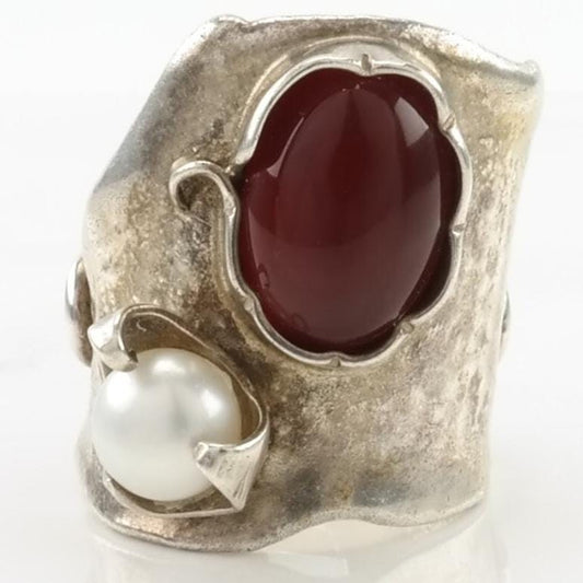 Vintage Buddy Lee Mossman Silver Ring Pearl, Carnelian Brutalist Sterling Size 9 1/4