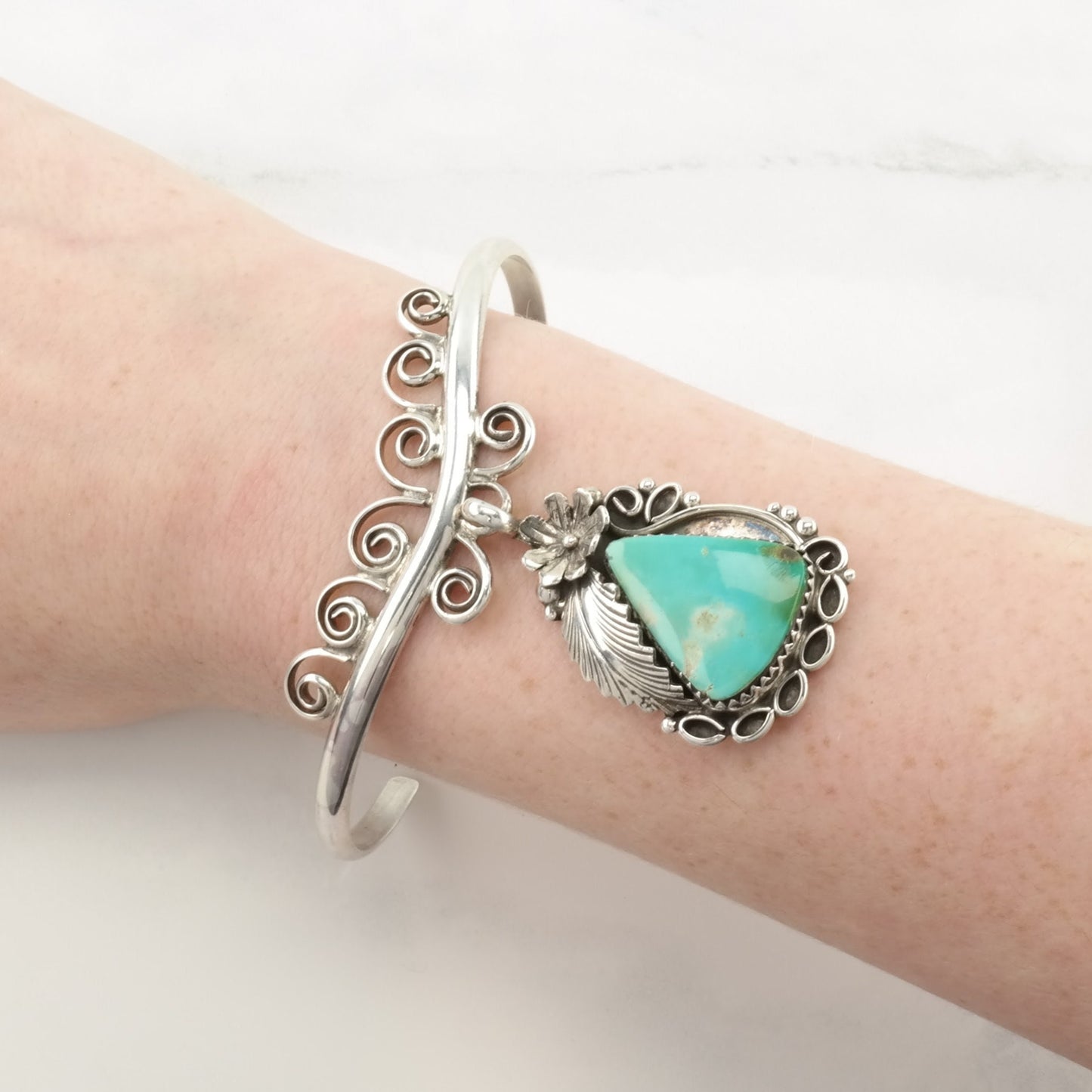 Morningstar Sterling Silver Cuff Bracelet Blue Turquoise Hanging Stone