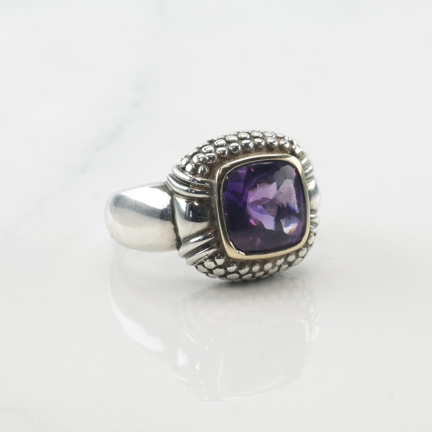 Vintage Sterling Silver & 18K Gold Ring with Purple Amethyst, Size 7.5