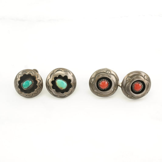 Choice of Vintage Sterling Silver Screw Back Earrings Native American Blue, Red Turquoise, Coral Shadowbox