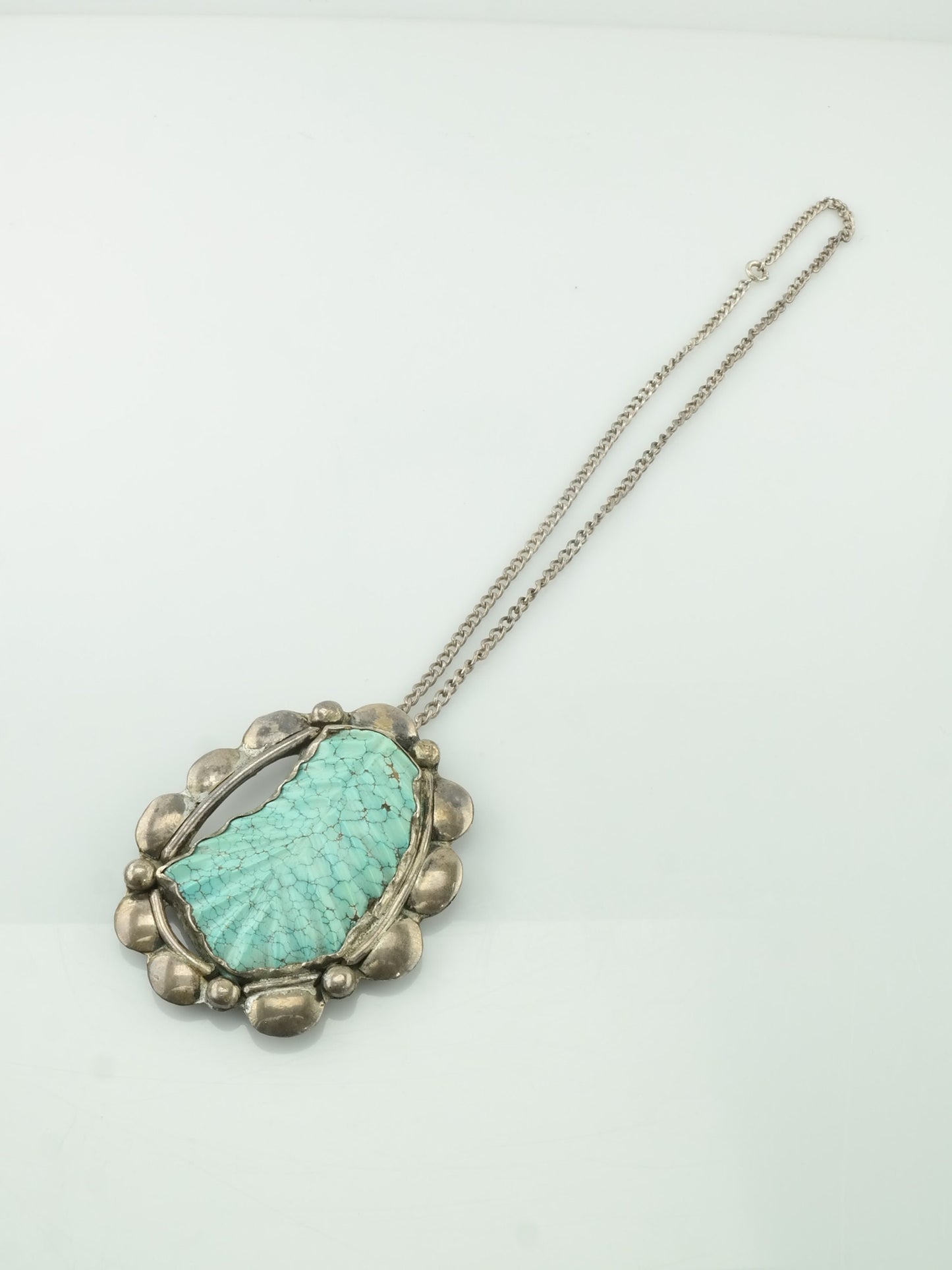 Vintage Native American Sterling Silver Blue Spiderweb Carved Turquoise Leaf Necklace