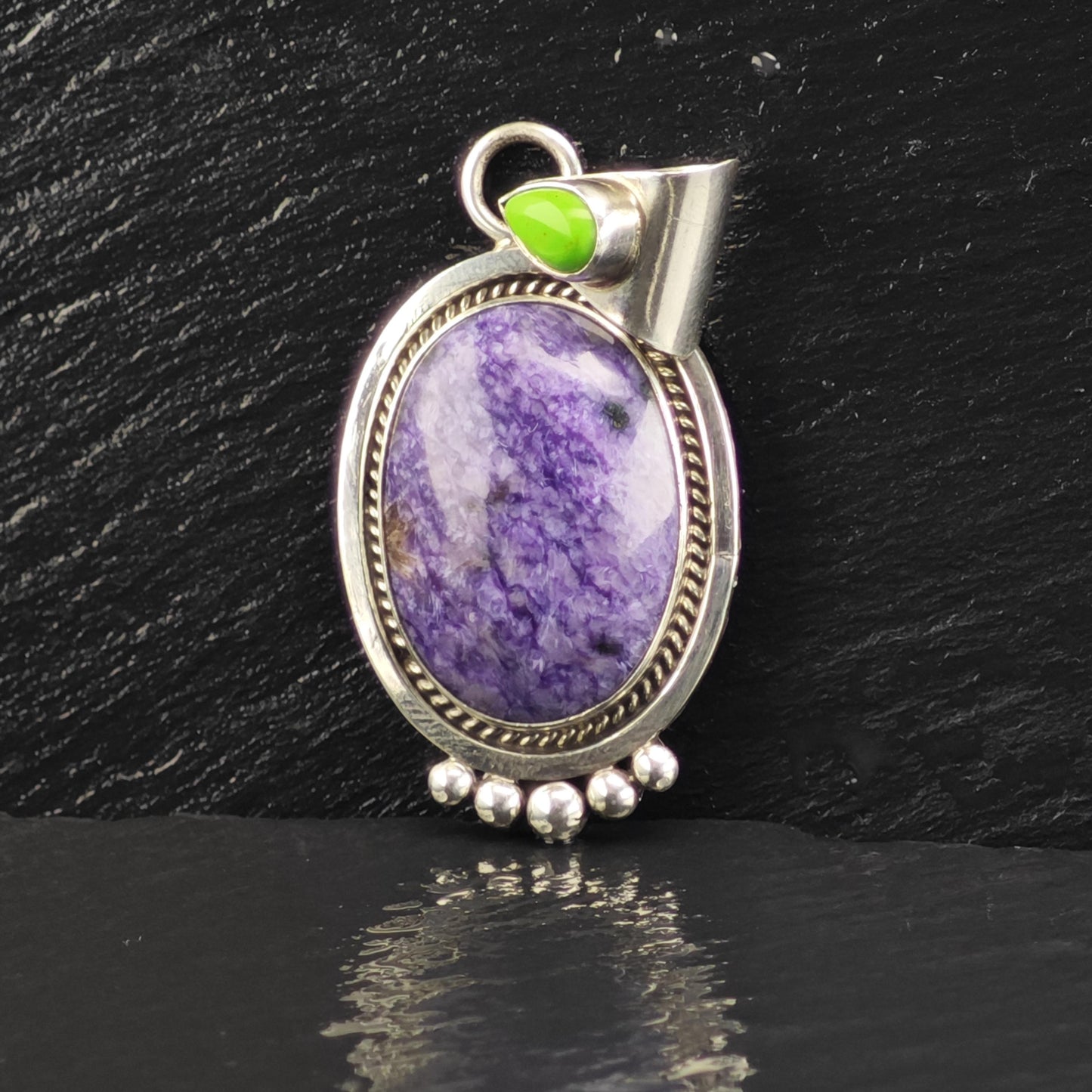 Vintage Running Bear Charoite Pendant Sterling Silver P3065