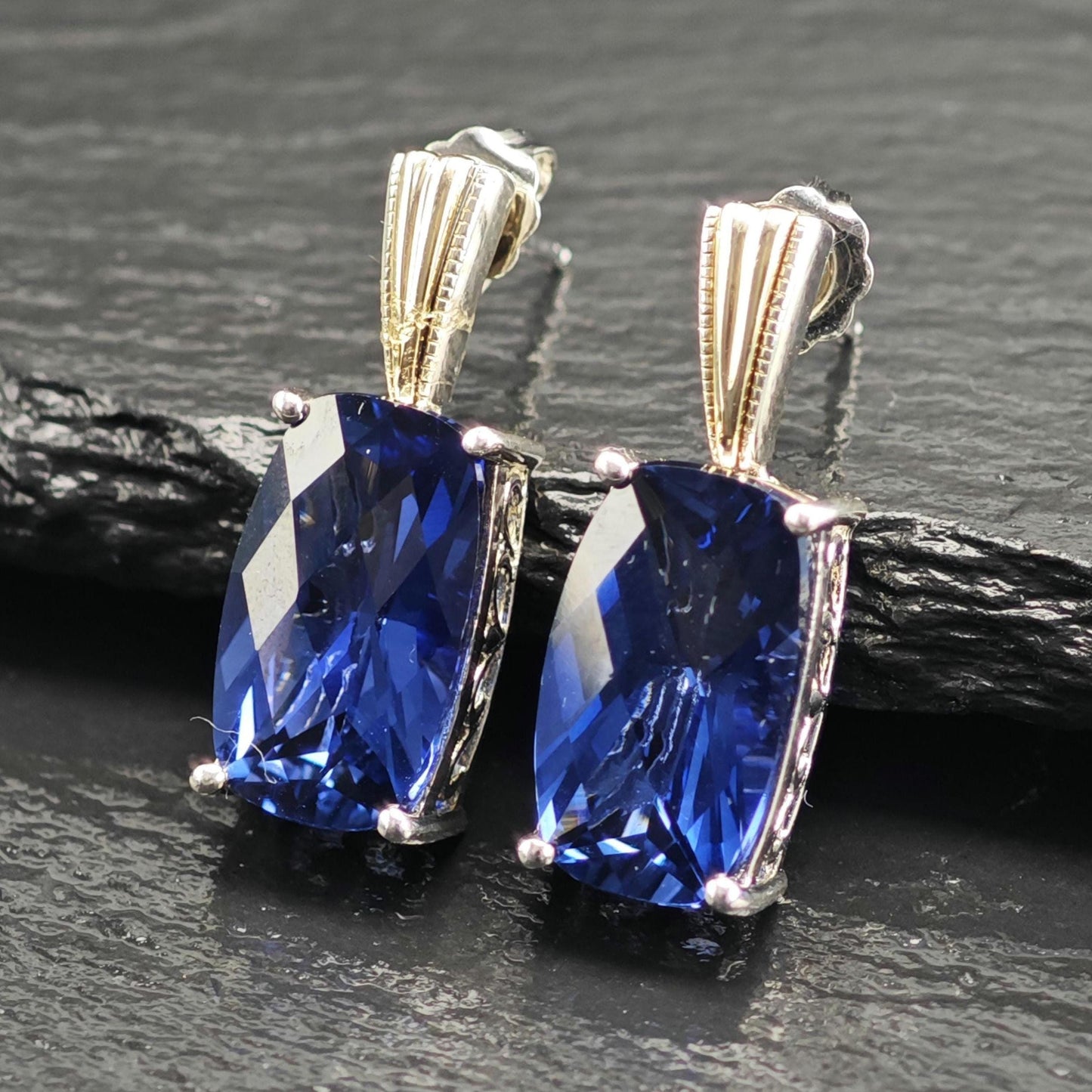 Designer Blue Lab Sapphire, 14K Gold Accent Sterling Silver Stud Earrings ER3183