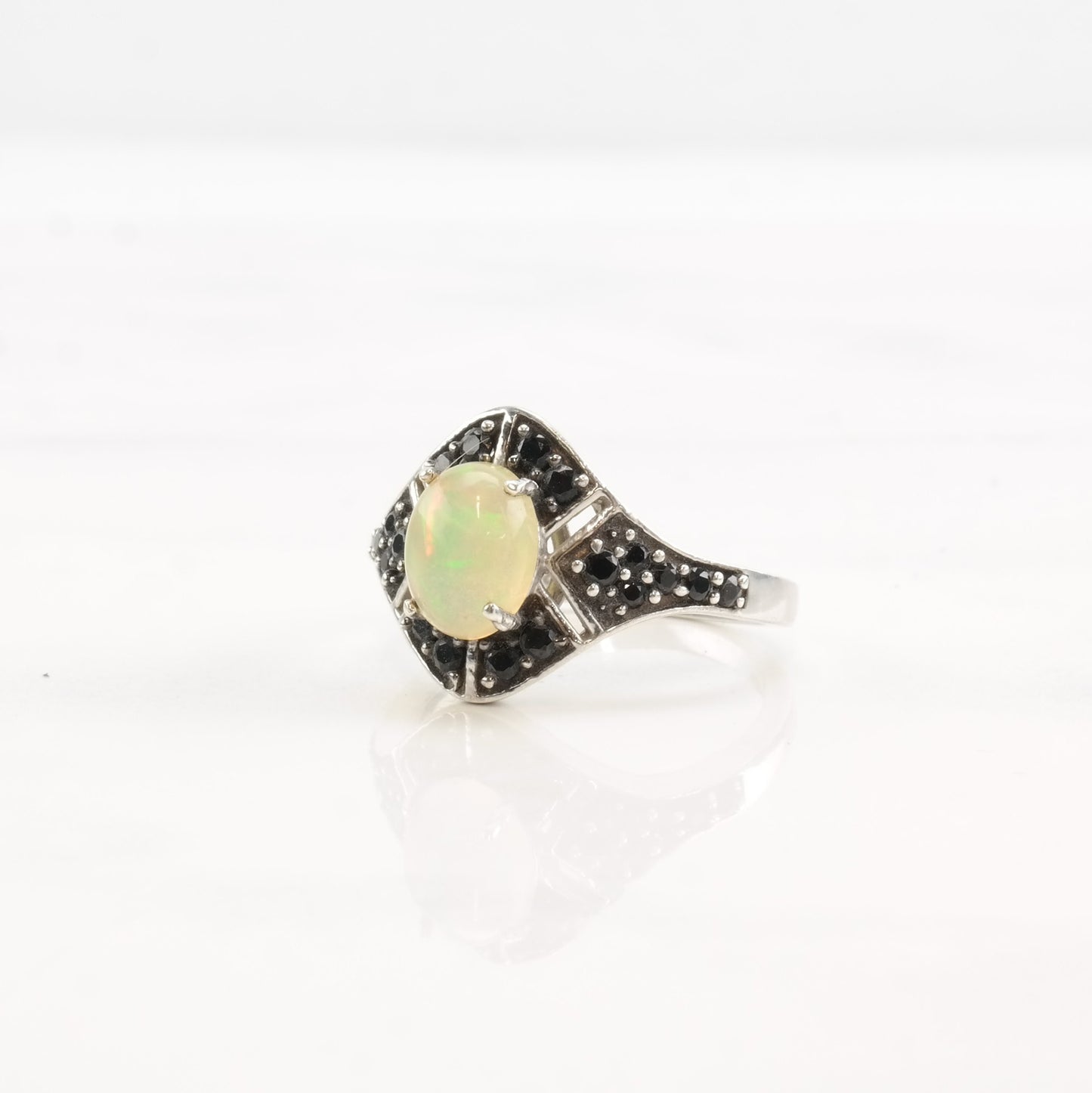 Vintage Sterling Silver Ring Opal Onyx Cluster Size 6 1/4