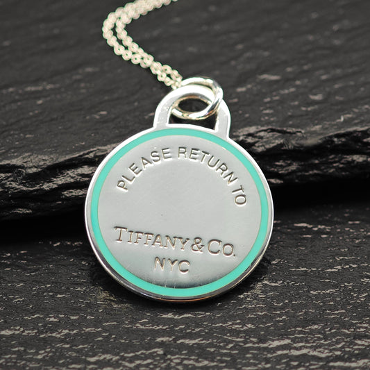 Vintage Tiffany Sterling Silver Teal Enamel Large Round Pendant Necklace N2569