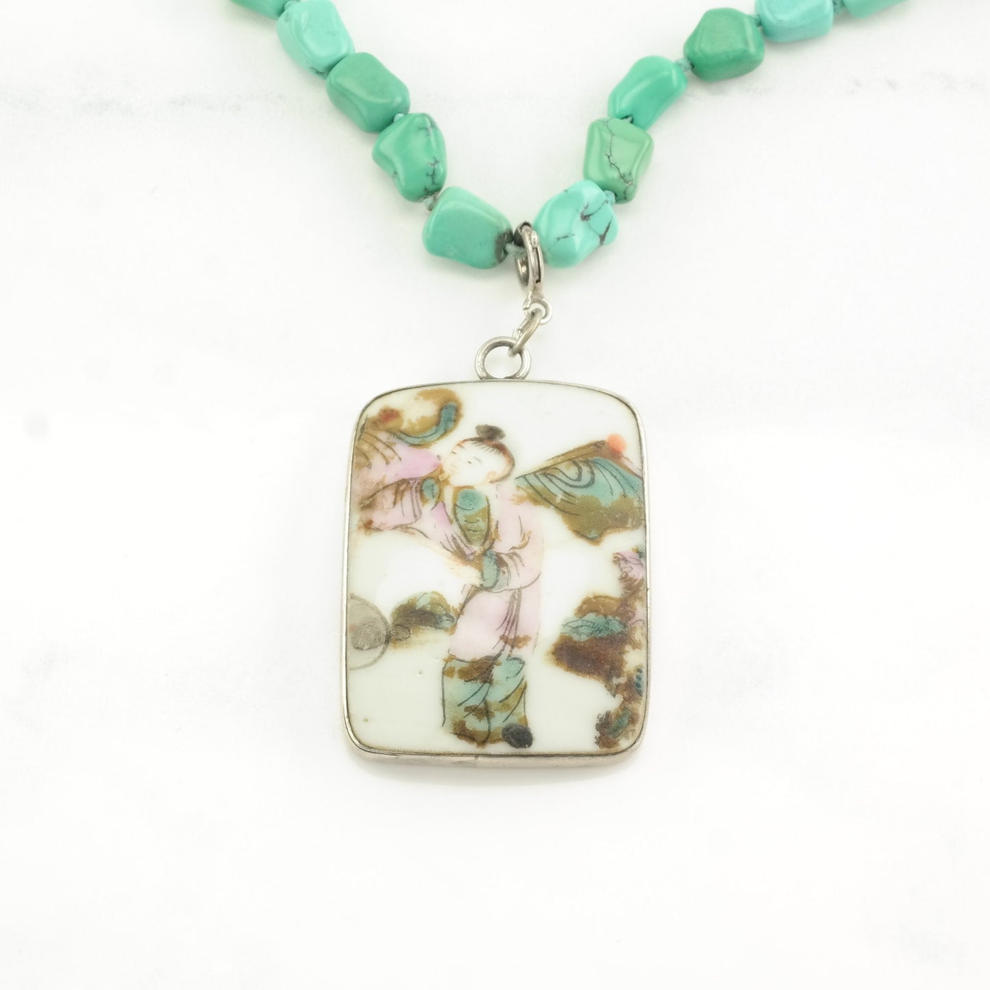 Vintage Antique Chinese Sterling Silver Turquoise, Porcelain Removeable pendant Necklace