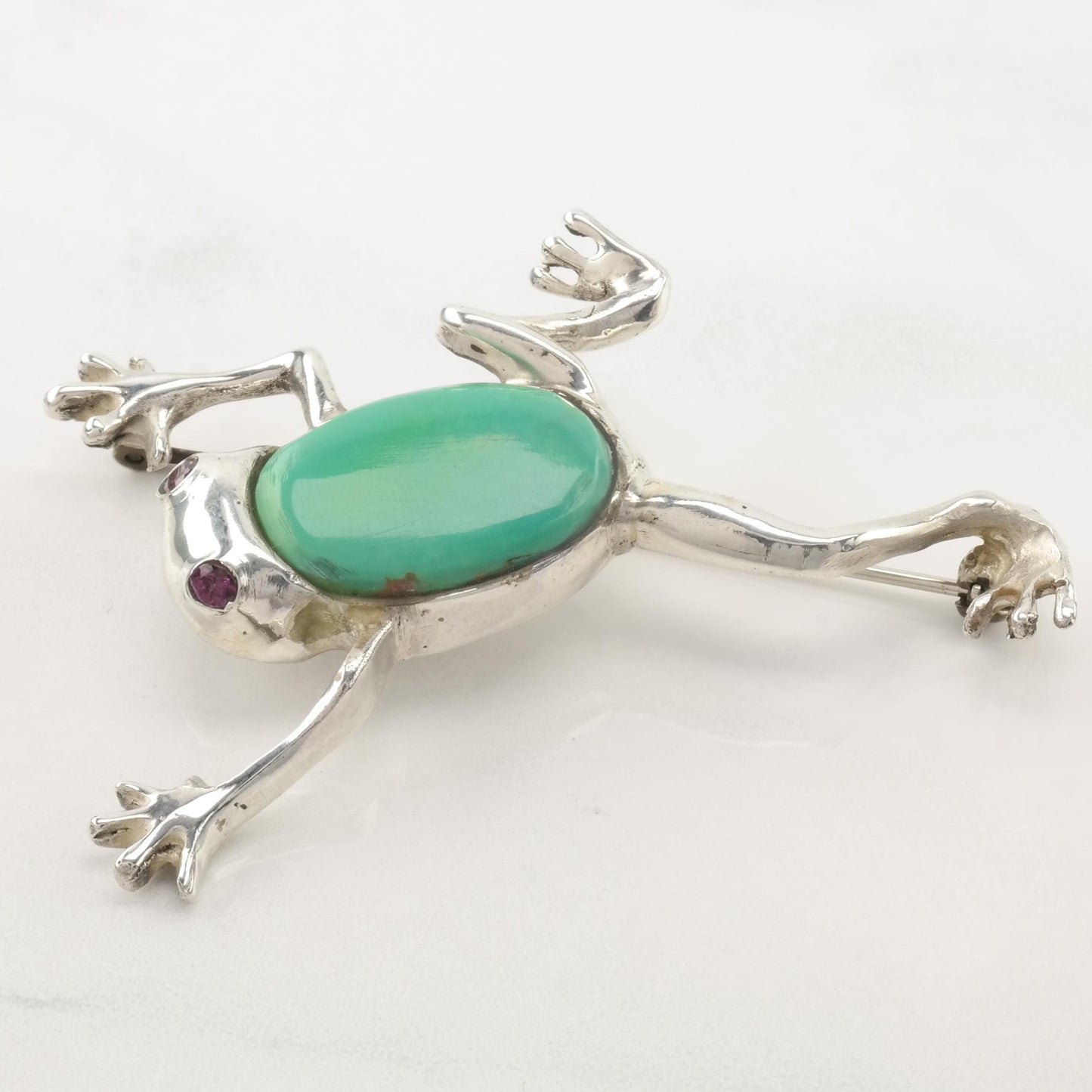 Vintage Southwest Drozd Turquoise, Amethyst Sterling Silver Frog Brooch