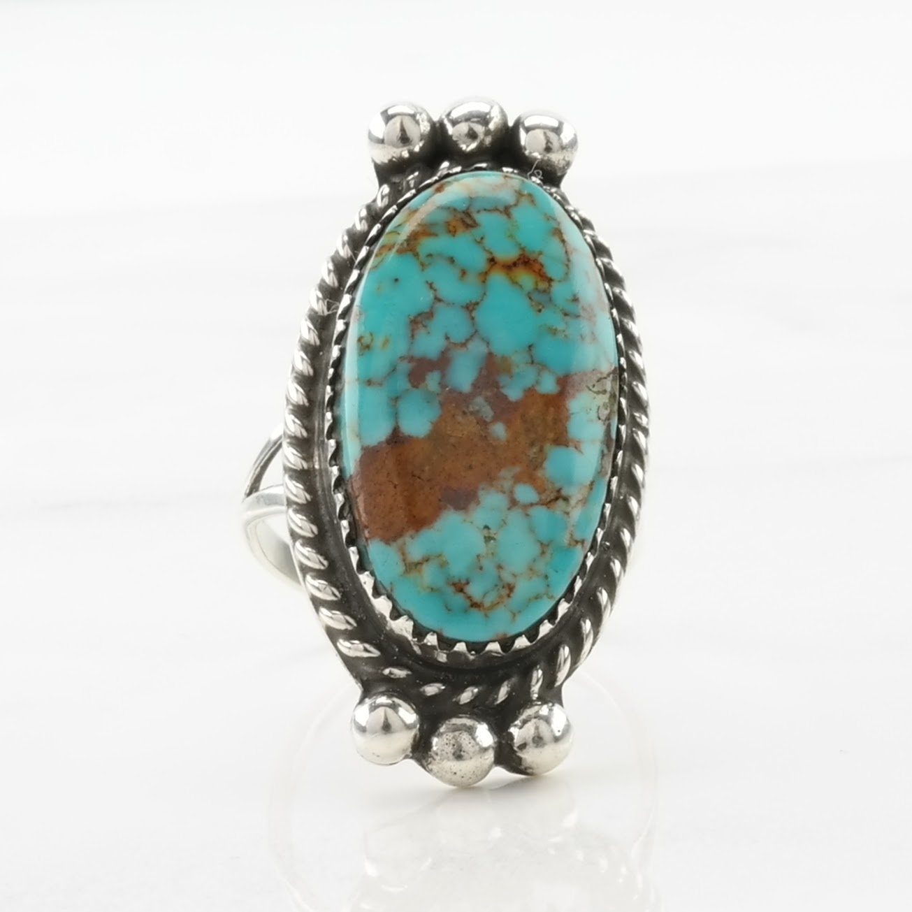 Vintage Native American Silver Ring Turquoise Navette Sterling Blue Size 6 1/4