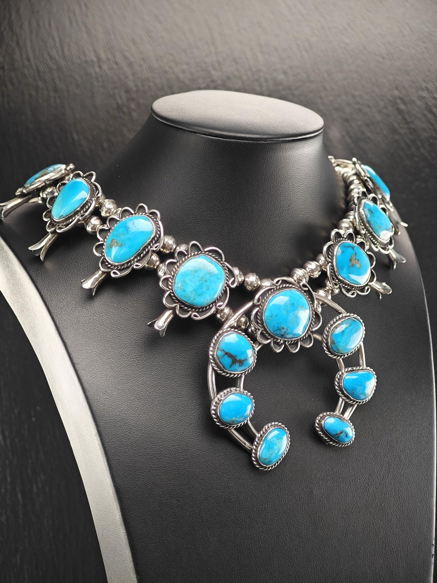 Southwest Turquoise Floral, Squash Blossom Necklace Sterling Silver