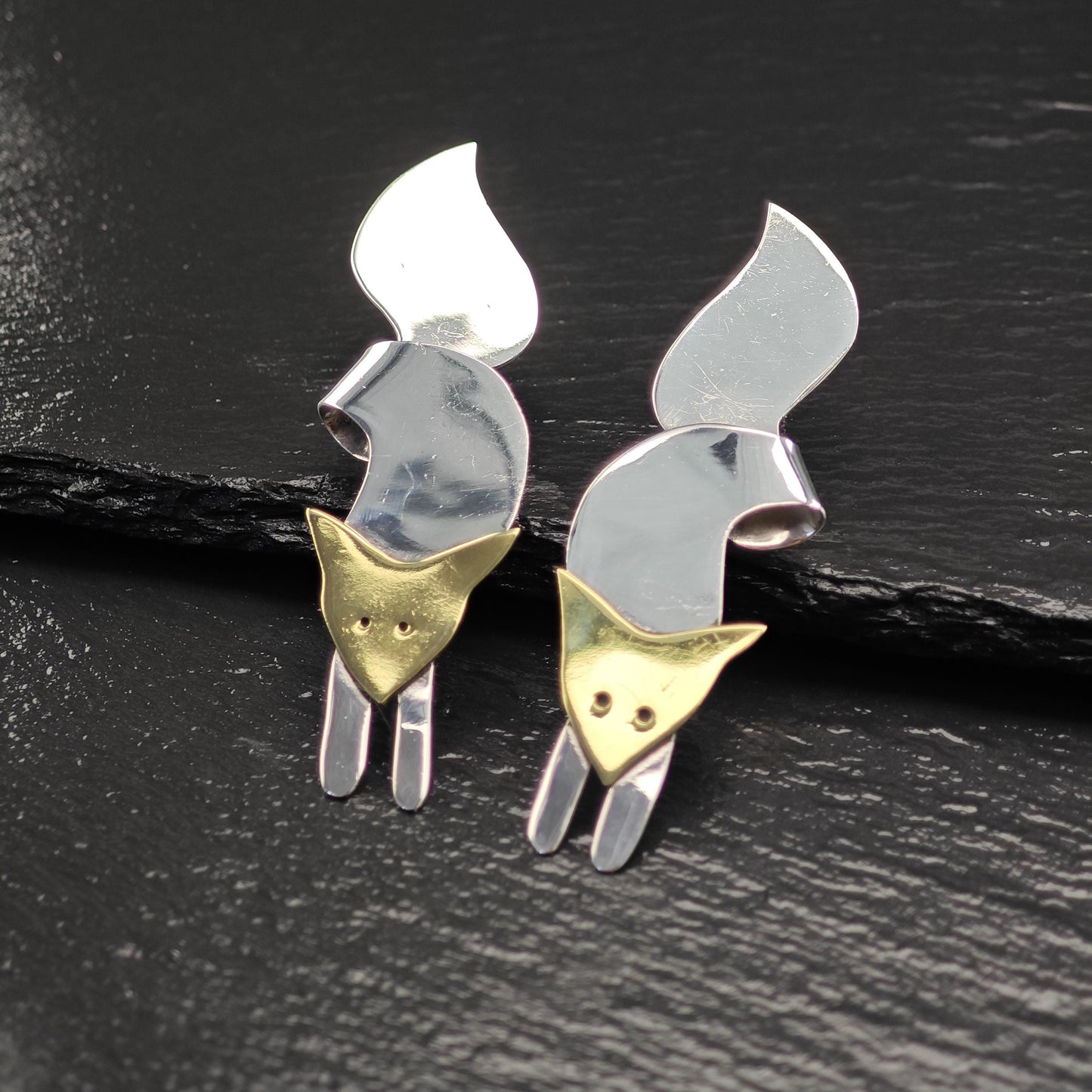 Vintage Gold Tone Fox, Brass Animal Stud Earrings Sterling Silver
