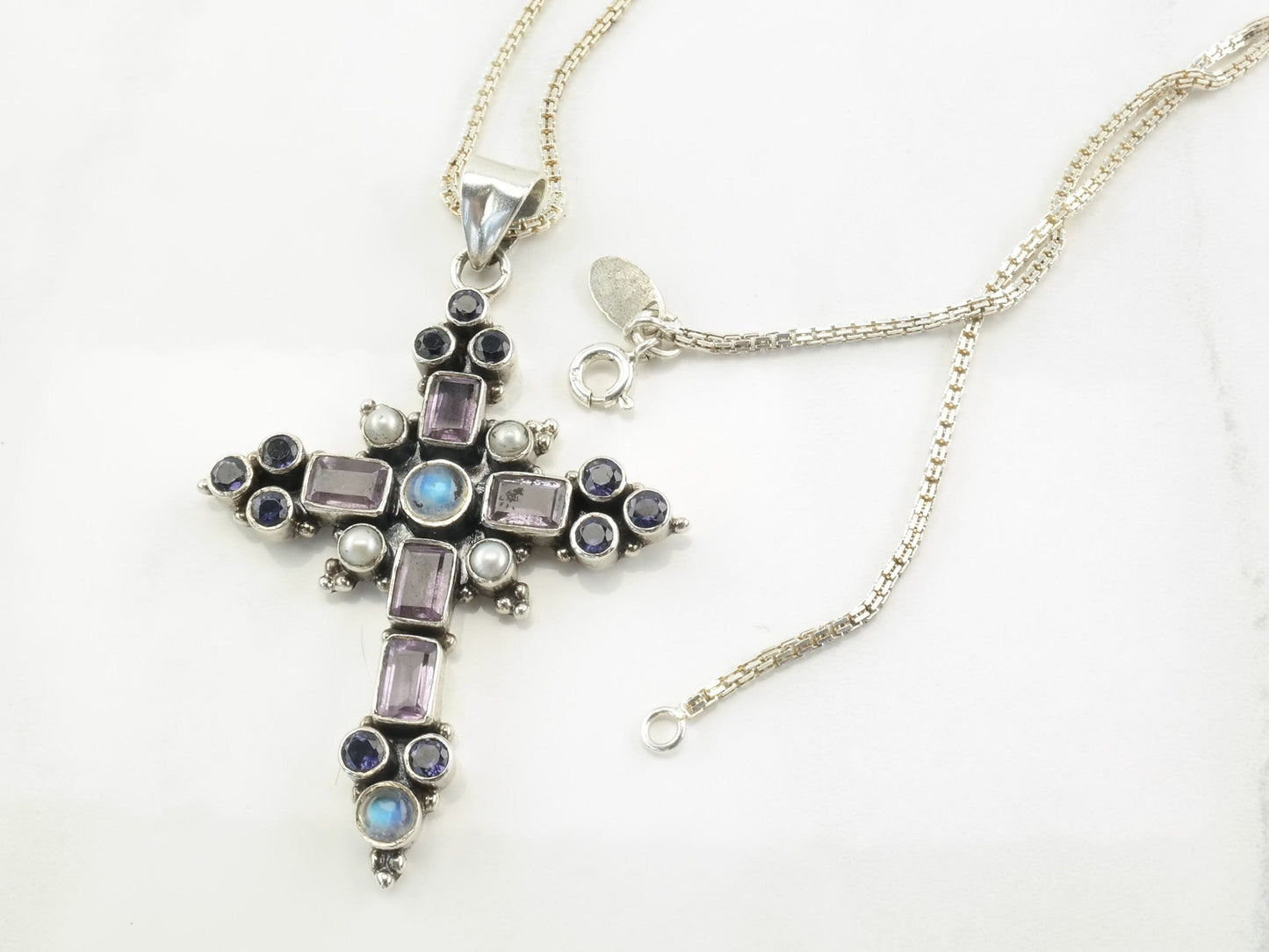 Vintage Nicky Buttler Sterling Silver Iolite Amethyst Moonstone Pearl Ornate Cross Necklace