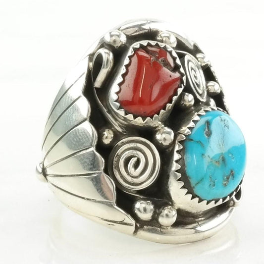 Vintage Native American Silver Ring Turquoise, Coral Leaf Sterling Blue, Red Size 11 3/