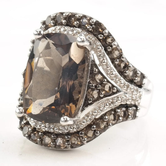 Vintage Silver Ring Smoky Quartz Spinel Diamond Accents Size 7