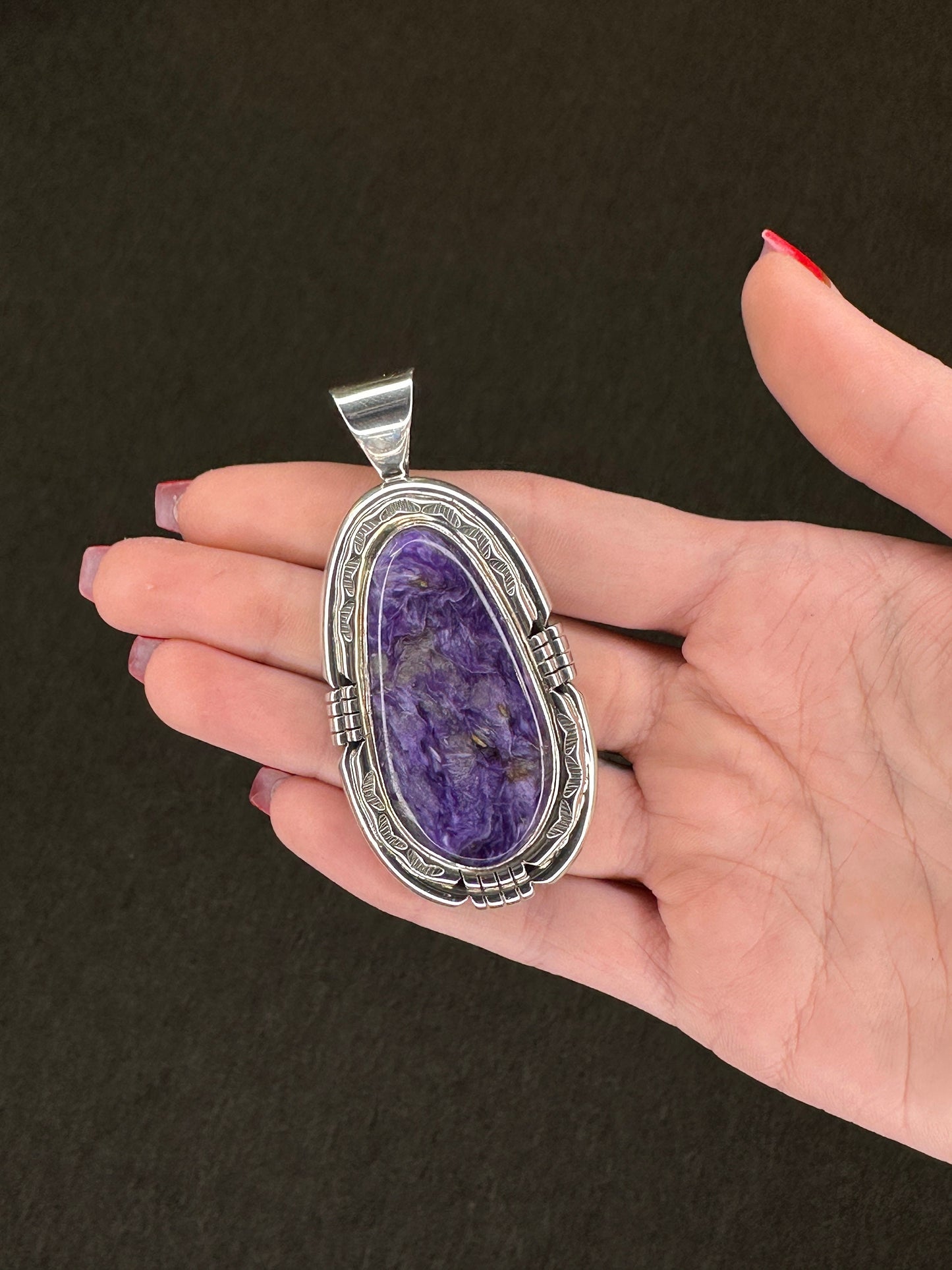 Vintage Navajo Charoite Large Sterling Silver Pendant