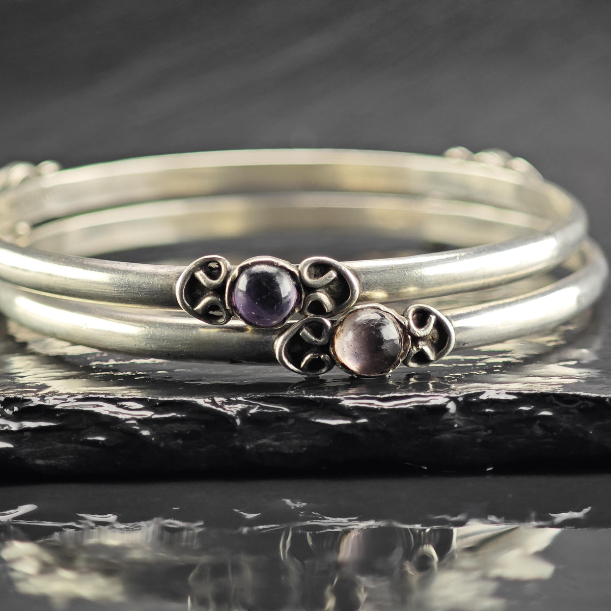 Taxco Amethyst Bangle Sterling Silver Sz 8" BR3173