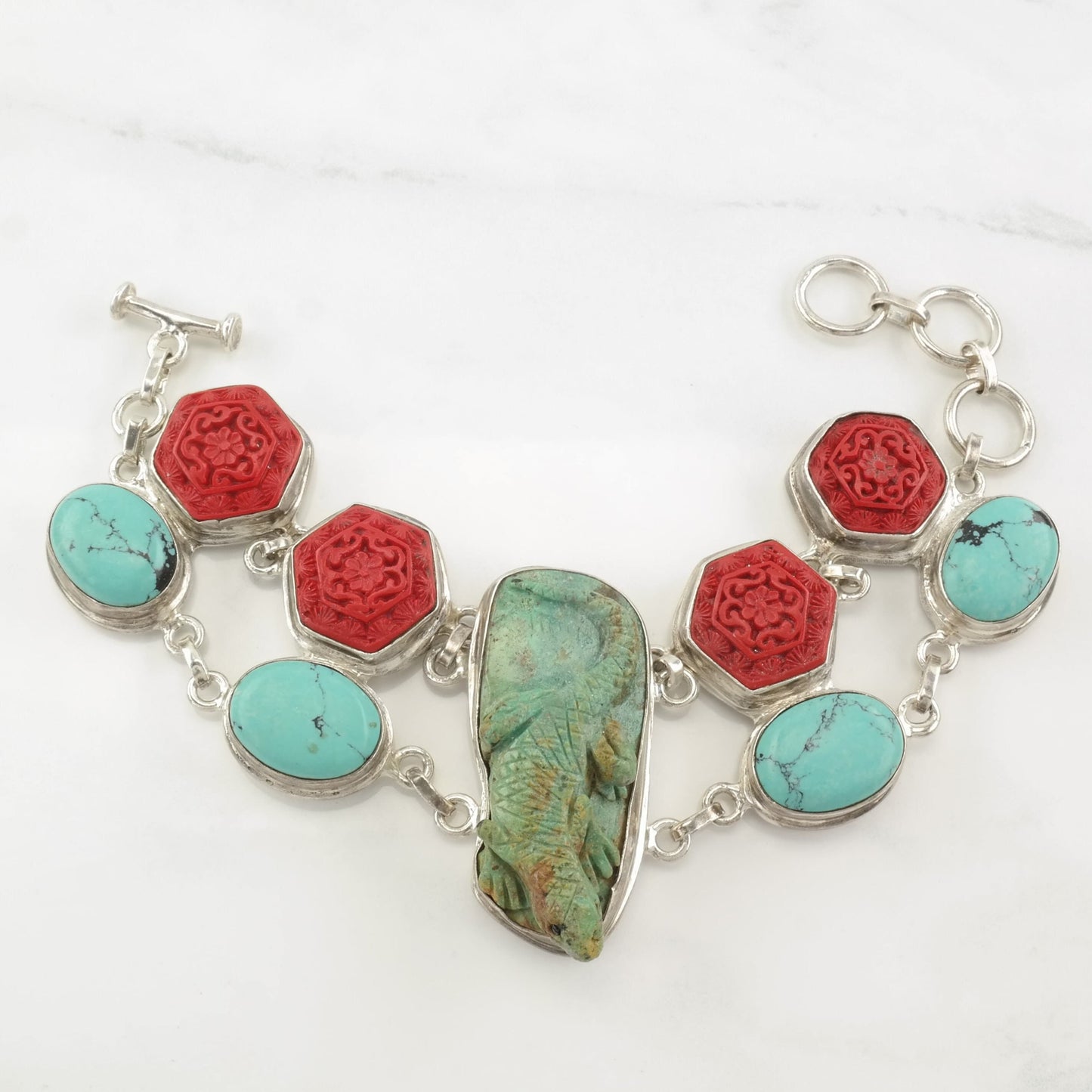 Sterling Silver Turquoise, Cinnabar, Lizard, Carved Link Bracelet