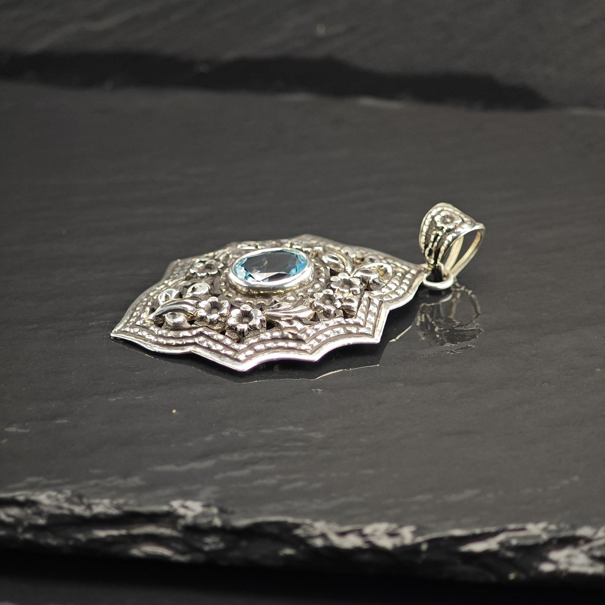 Topaz Floral Repousse Detailing Sterling Silver Pendant P3148