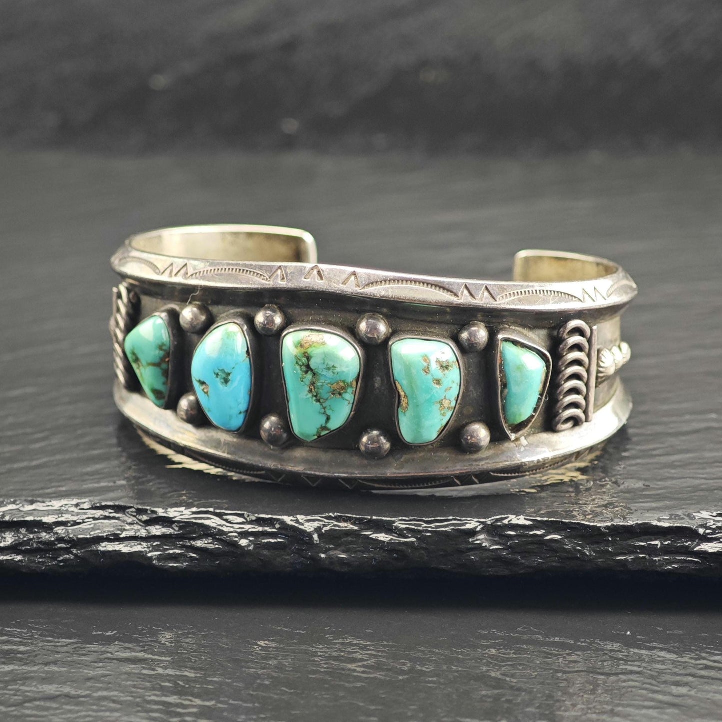 AS IS Native American Turquoise Heavy Patina Sterling Silver Cuff Sz 6 1/4" BR3118