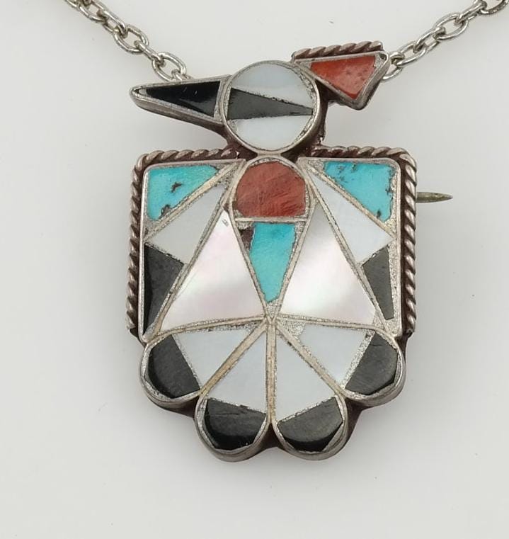 Native American Sterling Silver Turquoise Thunderbird Inlay Necklace