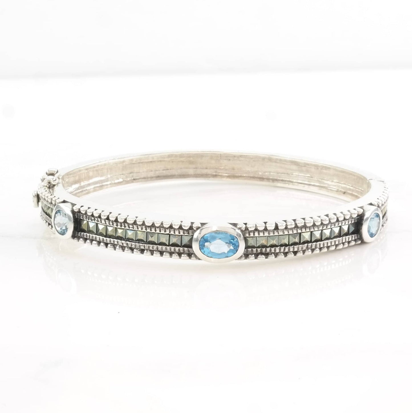 Sterling Silver Bangle Bracelet Blue Topaz Marcasite